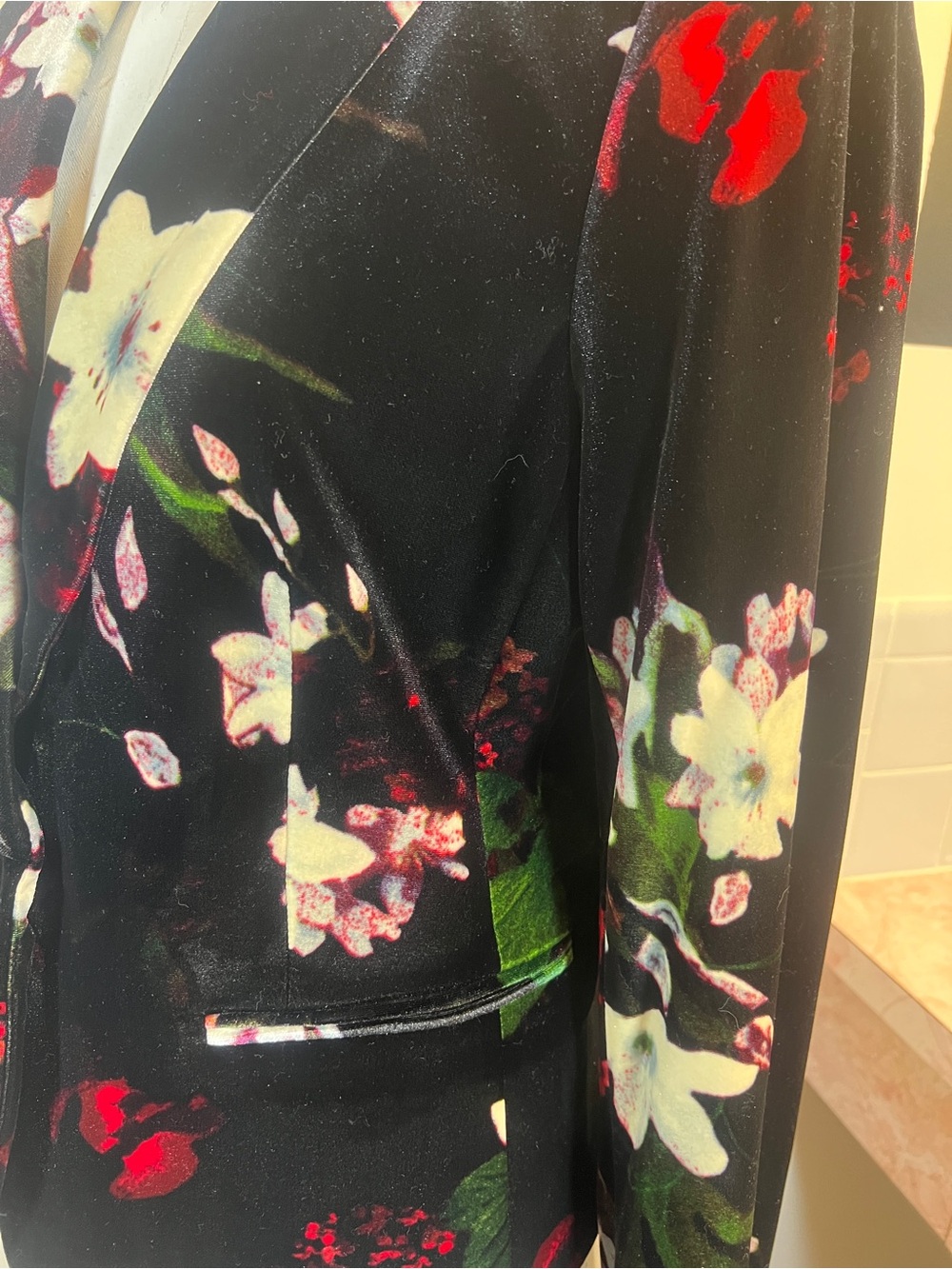 Calvin Klein Black Velvet Blazer with Cream & Red Floral Print - Picture 6 of 10